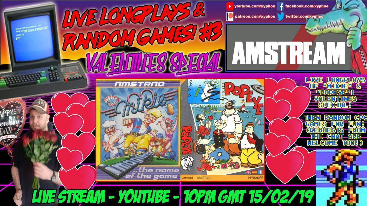 [AMSTRAD CPC] Live Longplays & Random Games #3 – Valentine’s Special! (Mikie & Popeye) #AMSTREAM