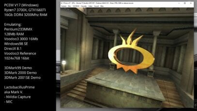 PCem V17 as Pentium233MMX, Voodoo3, Windows98SE – 3DMark Demos (99,2000,2001SE)